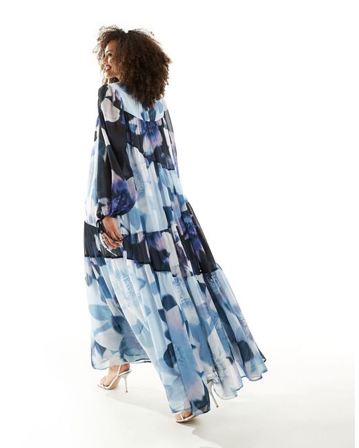 ASOS Blue Mixed Floral Print Smock Maxi Dress