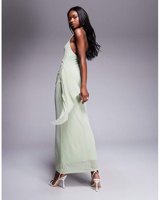 ASOS Purple Mesh Halterneck Midi Dress With Sweeping Sash Skirt