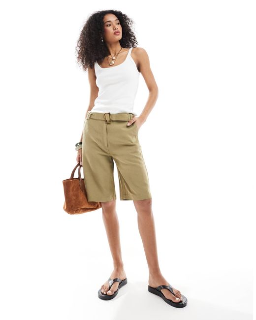 ASOS Natural Tailored Longline Belted Shorts With Linen