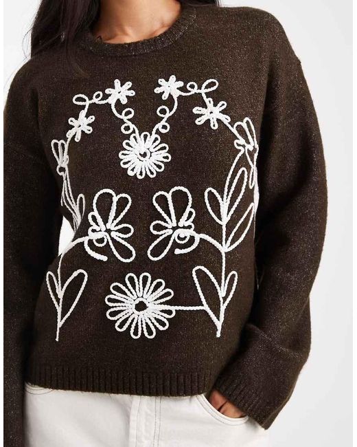 Threadbare Black Crew Neck Jumper With Flower Embroidery