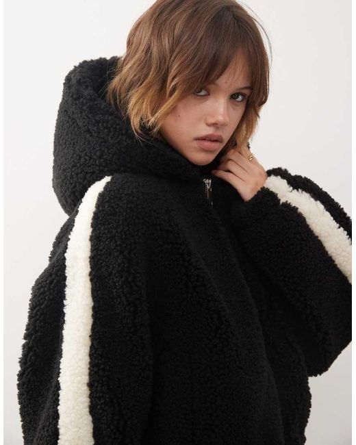 Monki Black Zip Through Teddy Hooded Jacket