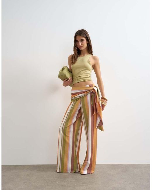 TOPSHOP White Stripe Plisse Wrap Scarf Detail Trousers