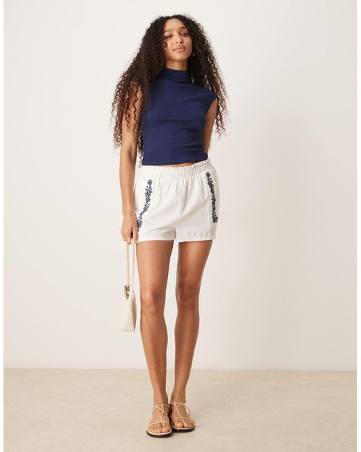 ASOS Blue Pull On Shorts With Embroidered Detail