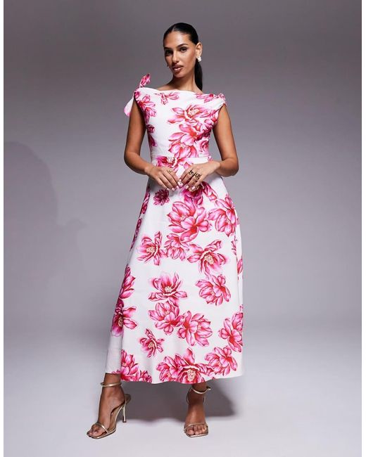 Forever New Pink Slash Neck Bow Shoulder Midaxi Dress