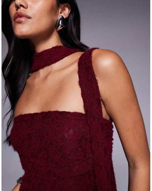The Frolic Red Exclusive Lace Ruched Bust Detail Bandeau Flippy Hem Mini Dress With Scarf Detail