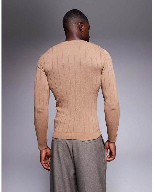 ASOS Gray Muscle Fit Long Sleeve Knitted Rib Henley Neck T-shirt for men