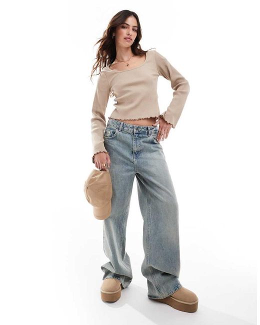 Vila T-Shirt Met Lange Mouwen, Lage Ronde Hals En Geschulpte Rand in het White