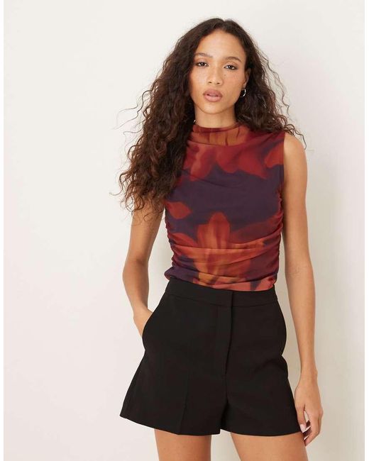 Top Con Cuello Subido, Lateral Fruncido Y Estampado Floral De Malla De (Parte De Un Conjunto)-Morado ASOS de color Red