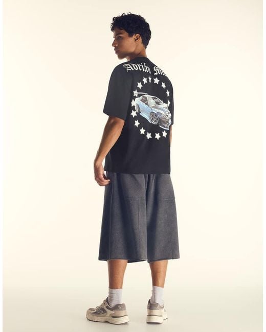 Bershka Blue Relaxed Fit Adrian Mills Car Graphic T-Shirt for men