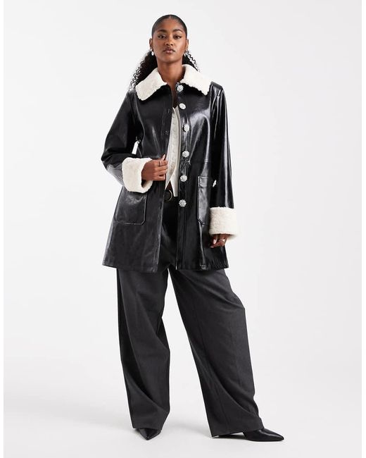 Miss Selfridge Black Contrast Collar Faux Leather Coat