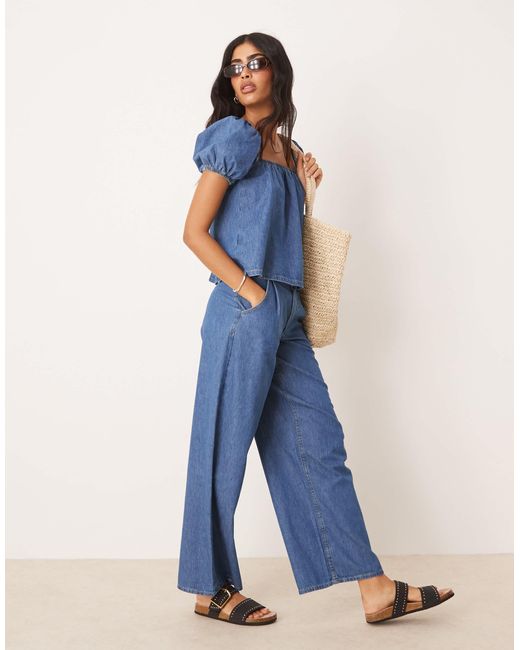 ASOS Blue Babydoll Denim Top With Puff Sleeve