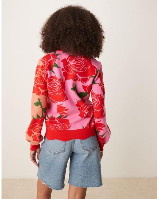 Never Fully Dressed Red Knitted Rose Contrast Cardigan