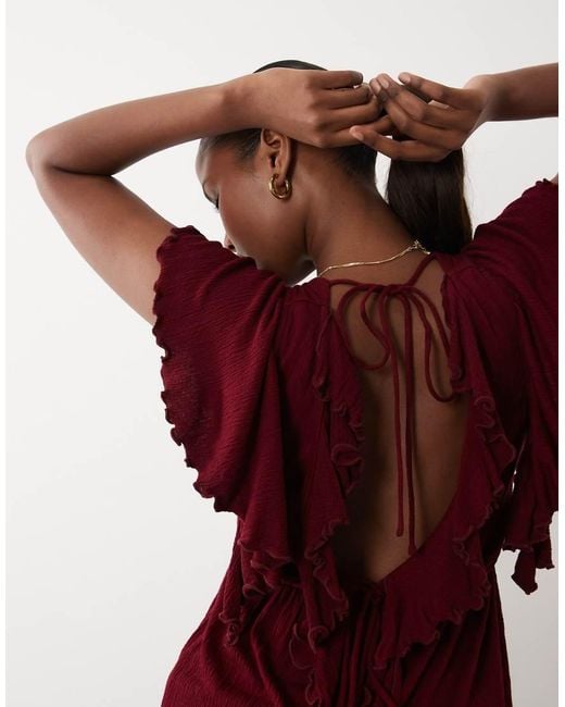 ASOS Red Crinkle Plunge Ruffle Flutter Sleeve Top