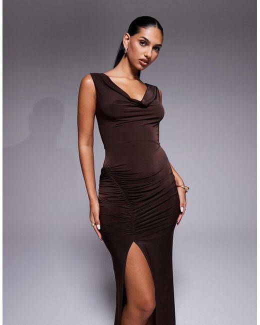 ASOS Brown Cowl Neck Midi Dress With Ruched Skirt Detailing