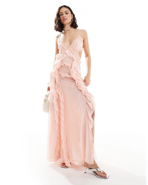 ASOS Pink Frill Detail Cut Out Cami Maxi Dress