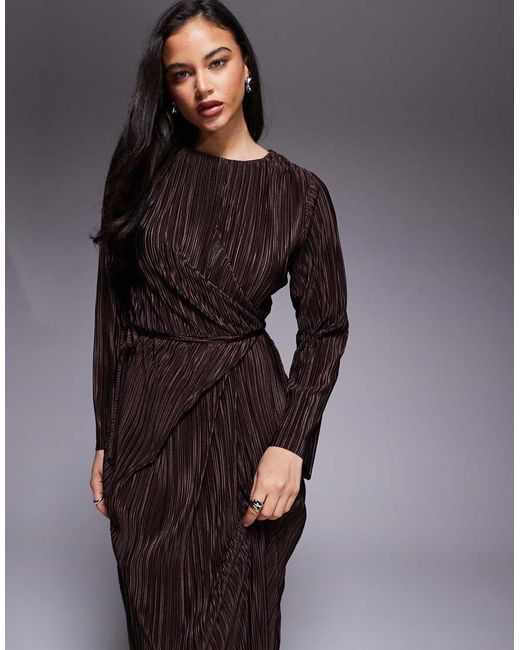 ASOS Gray Plisse Long Sleeve Wrap Tie Waist Maxi Dress