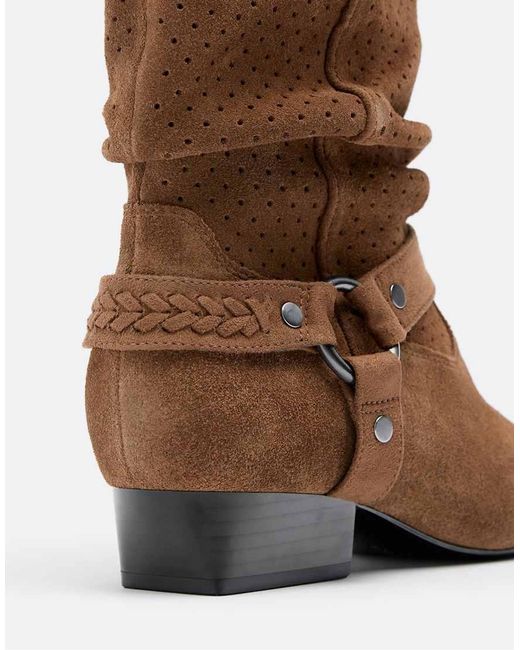 Stradivarius Brown Slouchy Openwork Leather Ankle Boots