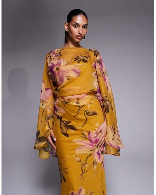 ASOS Orange Kimono Sleeve Cape Detail Draped Midaxi Dress With Open Back