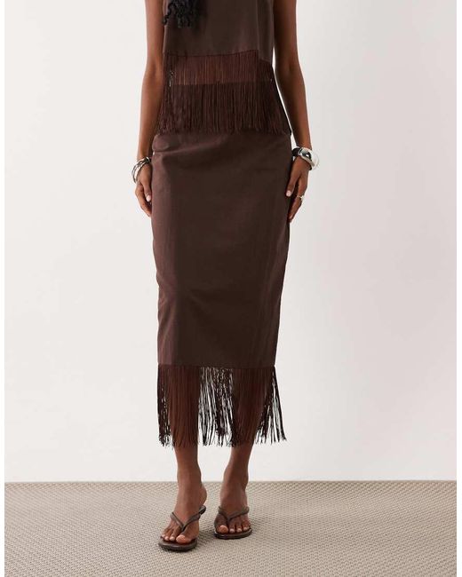 ASOS Brown Linen Look Fringe Pencil Skirt