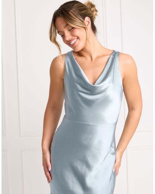 Six Stories Blue Bridesmaid Satin Cowl V Neck Maxi Dress