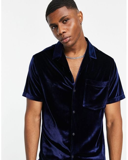 Topman Blue Short Sleeve Velvet Shirt for men