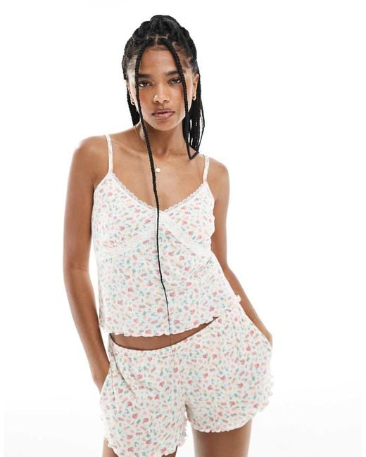 Hollister White Lace Pointelle Cami And Low Rise Shorts Pyjama Set