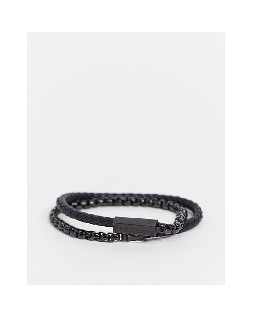 BOSS by Hugo Boss Black Mens Leather Chain Double Wrap Bracelet for men