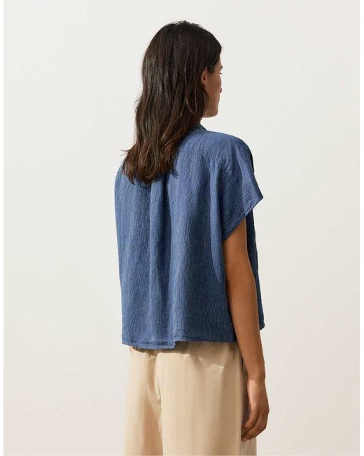 Oysho Blue 100% Linen Striped Shirt With Pockets