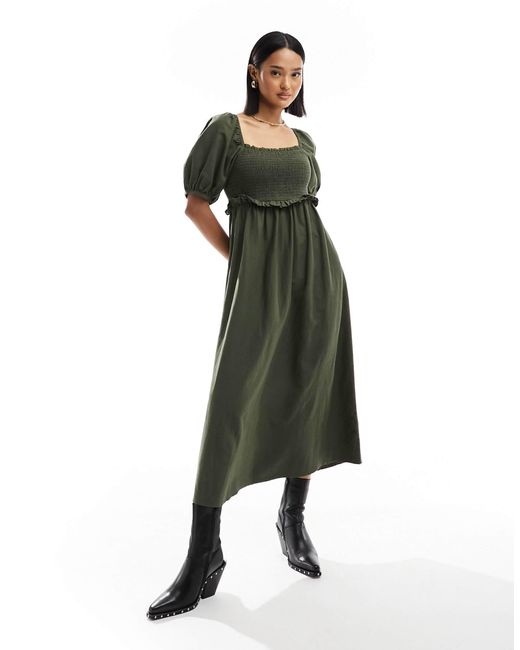 New Look Green Shirred Puff Sleeve Linen Blend Midi Dress