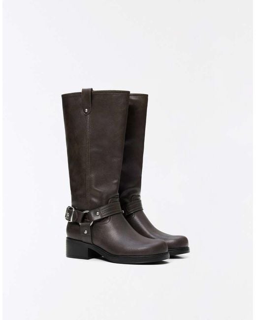 Bershka Black Biker Boots With Buckle