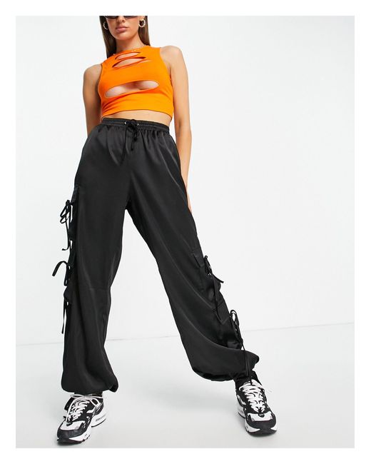 Missguided Black Satin Cargo Trousers With Tie Cuff Detail