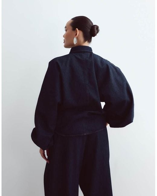 ARRANGE Blue Curve Denim Shirt Co-Ord With Volume Sleeves