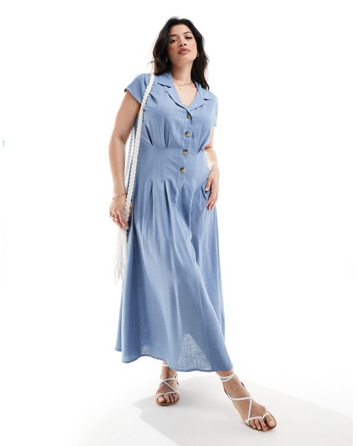 ASOS Blue Asos Design Curve Linen Cap Sleeve Shirt Midi Dress With Pin Tucks