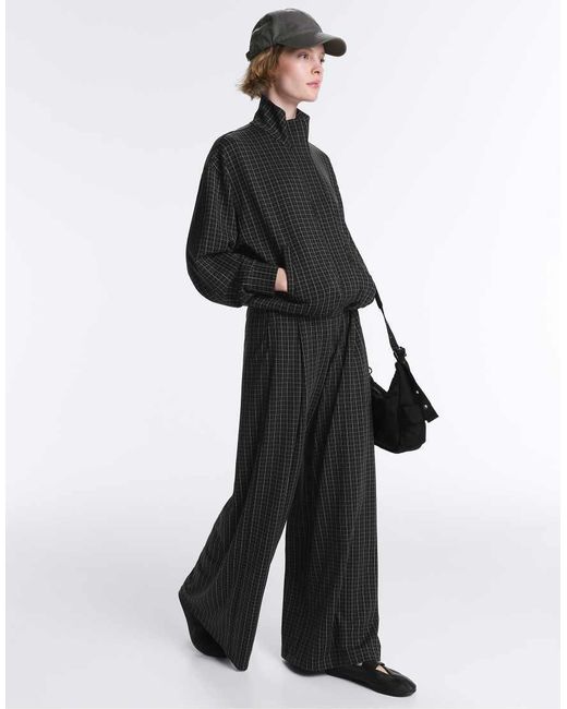 Oysho Black Check Pique Wide-leg Trousers