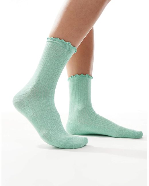 Vero Moda Green Ribbed Glitter Socks With Frill Edge