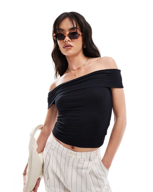 Cotton On Black Staple Rib Off The Shoulder Short Sleeve Top