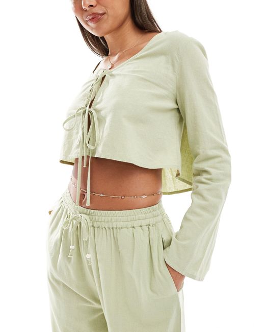 ASOS Green Kayla Mix And Match Long Sleeve Tie Front Beach Top