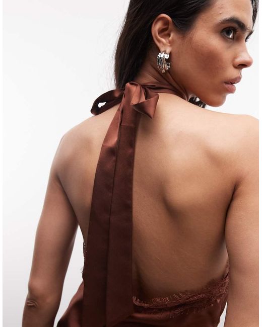 Reclaimed Vintage Brown Halter Scarf Top With Lace