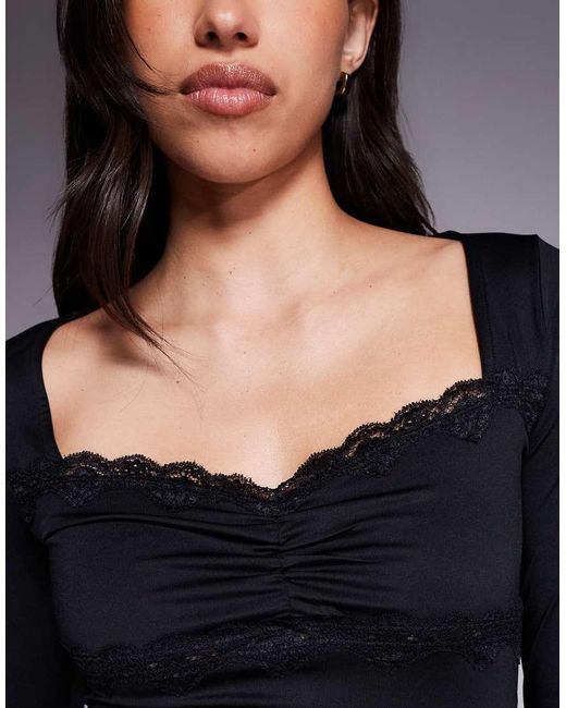 ASOS Blue Slinky Lace Trim Square Neck Ruched Front Long Sleeve Top