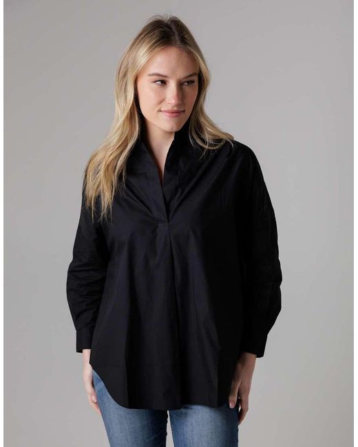 French Connection Black Cotton Long Sleeve Poplin Popover High-Low Hem Shirt
