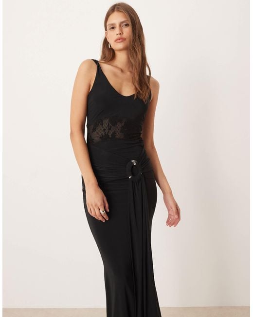 ASOS Natural Lace Inset Maxi Dress With Scoop Neck And Drape Detail
