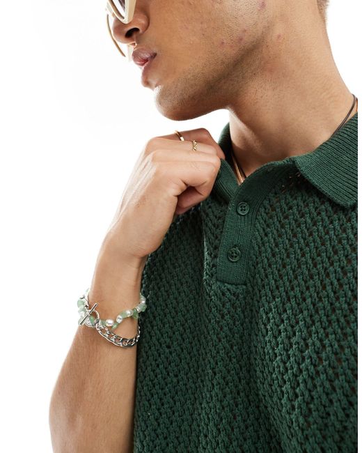 ASOS Green Knitted Pointelle Polo Vest for men