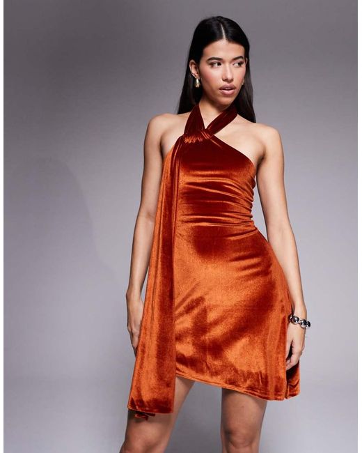 ASOS Orange Velvet Halterneck Skater Mini Dress