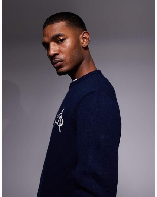 ASOS Blue Oversized Knitted Jumper With Embroidery for men