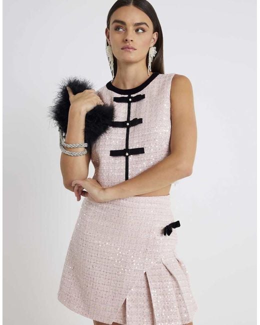 River Island Pink Boucle Sleeveless Bow Front Top