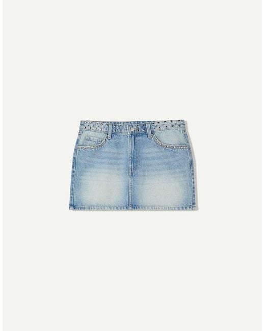 Bershka Blue Studded Denim Mini Skirt