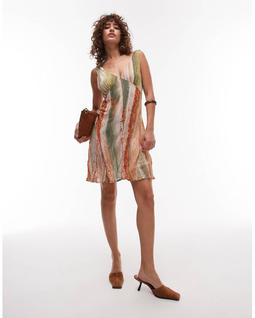 TOPSHOP Multicolor Crinkle Mesh Print V Neck Flippy Mini Dress