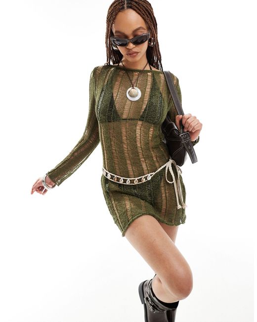 Collusion Green Distressed Knit Long Sleeve Mini Dress