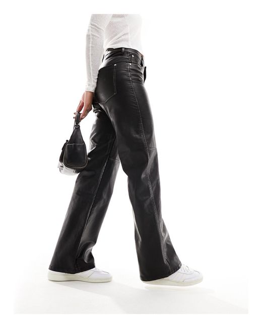 Bershka Black Washed Detail Faux Leather Straight Leg Pants