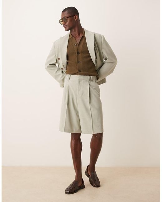 ASOS Natural Linen Look Wide Suit Shorts for men